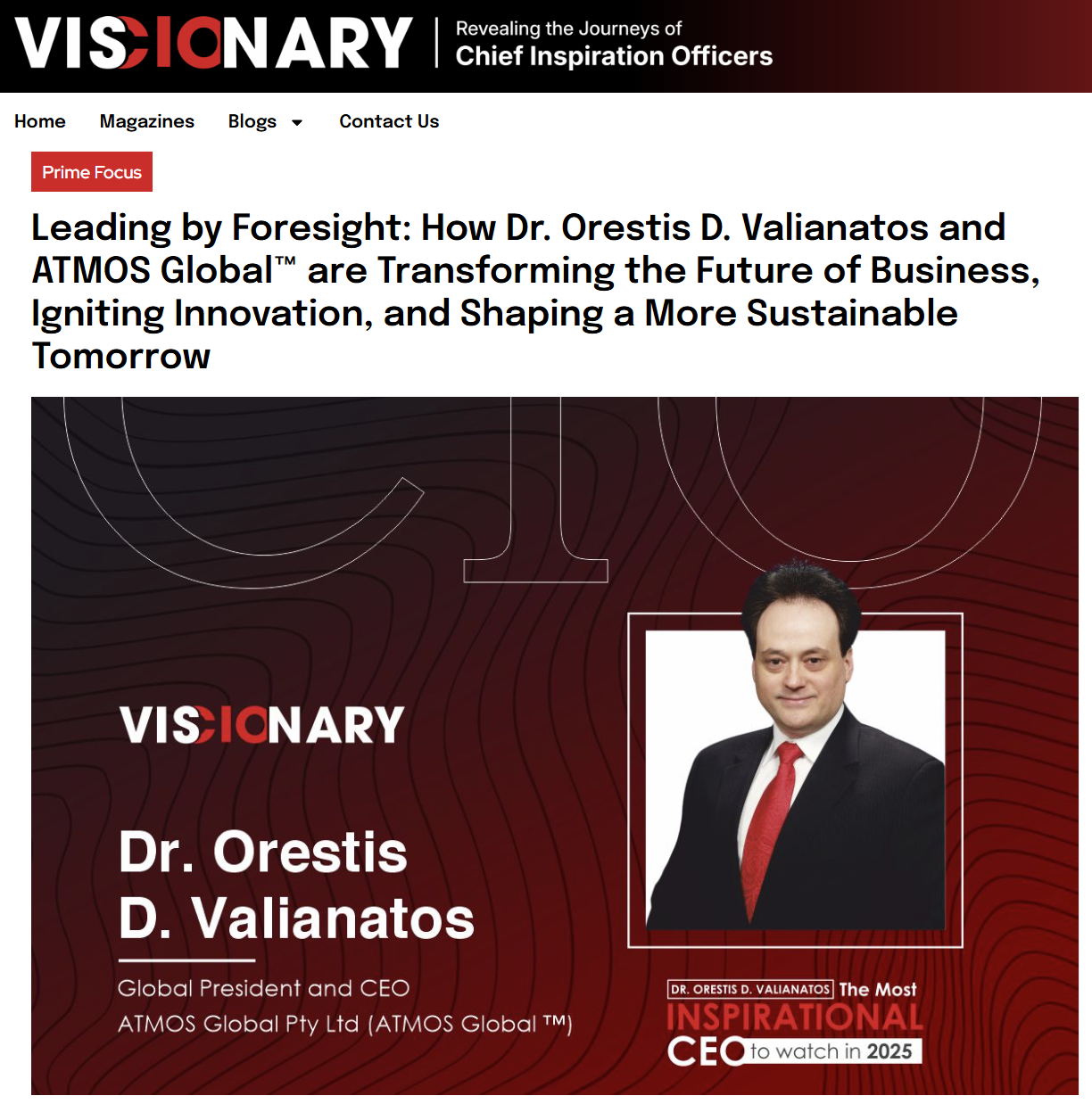 Visionary CIOs Magazine feature profile of Dr. Orestis D. Valianatos